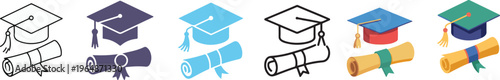 Icon set of Graduation cap  vector illustration. Student hat with academic degree certificate College, school and university graduation ceremony concept.