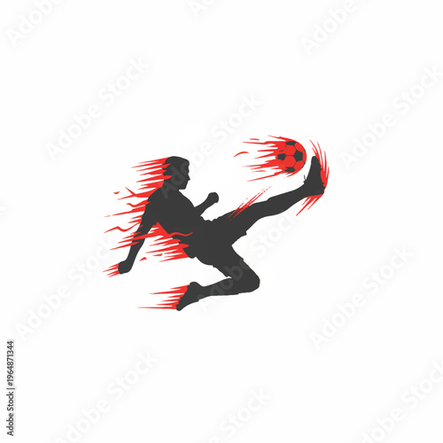 A silhouette of a soccer player performing a bicycle kick, high-energy movement, minimalist style with excessive white background, sharp lighting, limited colors of bright red and charcoal gray,