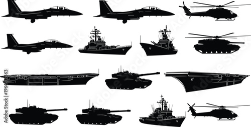 WebCollection of military silhouette illustrations featuring fighter jets, helicopters, tanks, battleships, and aircraft carriers, showcasing armed forces equipment, technology, and warfare artwork 