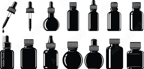 WebCollection of twelve dropper bottle silhouette illustrations featuring essential oil containers, tincture vials, and laboratory sample designs for pharmaceutical, cosmetic, and scientific artwork