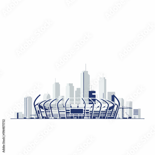A minimalist flat vector illustration of a futuristic soccer stadium under construction in a modern North American city skyline, vast white space, bright daylight, optimistic mood, limited color