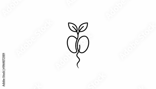 Minimalist single line drawing of a sprouting seed with two leaves and root, symbolizing growth and new beginnings.