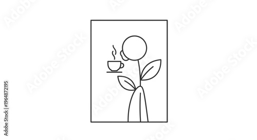 Minimalist stick figure enjoying hot coffee, steam rising from cup, simple line art