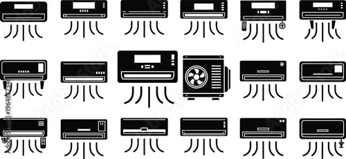 WebCollection of air conditioning unit icons featuring wall-mounted designs, airflow lines, remote controls, and outdoor compressor elements for HVAC system illustration and cooling technology artwork