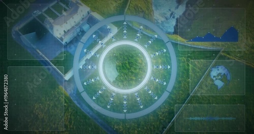 Recon drone initiating scan over coastal plaza, HUD overlay tracking mirror disk for surveillance