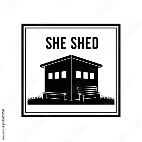 Minimalist black and white graphic illustration of a simple shed structure with 'she shed' text