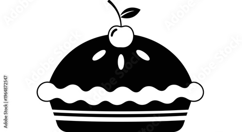 Stylized black and white graphic of a round fruit pie with a decorative crust and a cherry on top perfect for baking