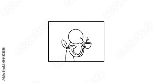 Minimalist line art of a person with leaves drinking hot coffee, symbolizing nature and relaxation.