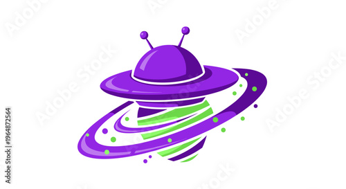 Vibrant purple flying saucer with glowing green and purple rings orbiting a central column depicting a futuristic alien