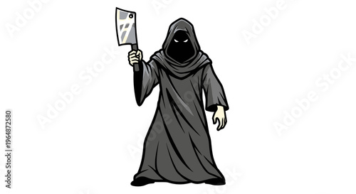 Grim reaper figure in dark hooded robe holding a large cleaver knife menacing silhouette symbol of death and danger