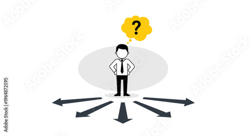 Man at crossroads with question mark above head facing multiple diverging arrows symbolizing decision making confusion