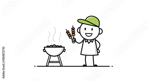 Joyful stick figure man with green cap happily grilling skewers of food over a barbecue grill showcasing culinary