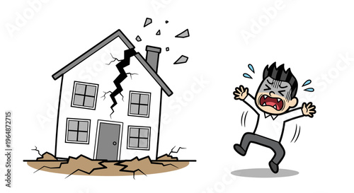 Cartoon illustration of a terrified man screaming and falling as a house cracks and crumbles during a severe earthquake