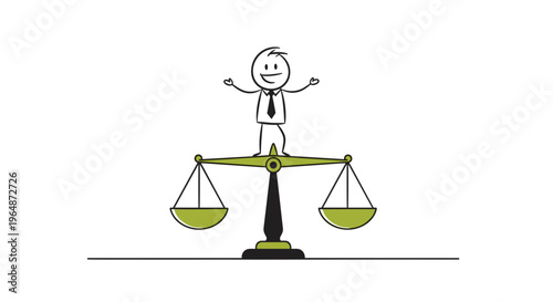 Stick figure businessman joyfully standing on a balanced scale representing fairness justice and equality in business