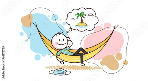 Relaxed stick figure man dreams of tropical vacation while resting in a yellow hammock mask on ground abstract colorful