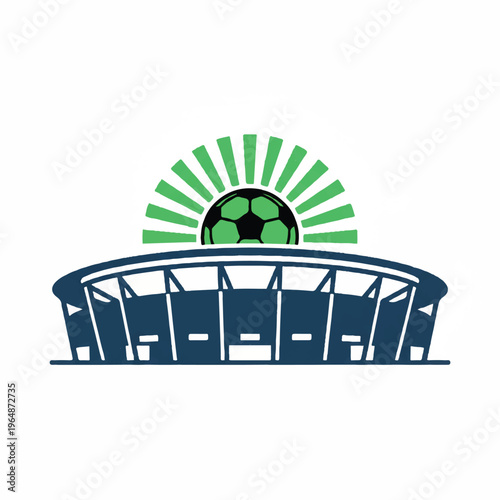 Minimalist flat vector design of a modern soccer stadium silhouette with a stylized soccer ball rising like a sun. High-contrast lighting, optimistic mood, professional graphic quality. Clean