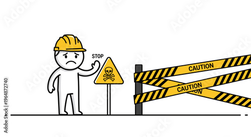 Sad construction worker with hard hat stops at caution tape barrier and biohazard warning sign representing a blocked