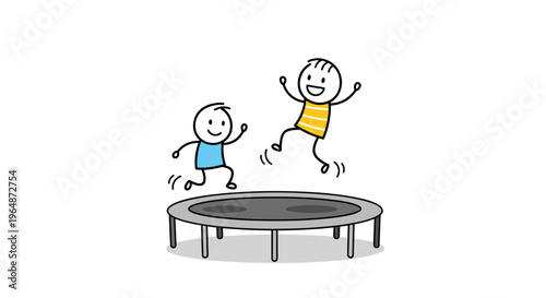 Joyful stick figures children happily jumping on a trampoline experiencing fun and energetic outdoor playtime isolated