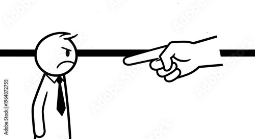 Stick figure businessman looking upset and fearful as a large pointing finger accuses him symbolizing blame accusation
