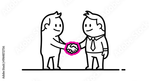 Two simple cartoon businessmen in suits shake hands symbolizing agreement partnership and successful business deal