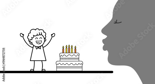 Joyful stick figure child with arms raised celebrates birthday blowing candles on tiered cake silhouetted profile