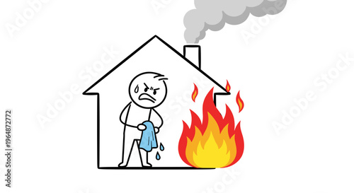 Desperate stick figure man with sweat dripping holds wet cloth in burning house smoke billowing from chimney intense