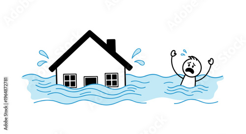 Drowning stick figure desperately calling for help as floodwaters engulfs a house symbolizing disaster and crisis