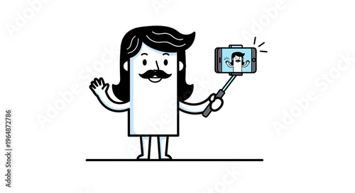 Whimsical cartoon man with a large mustache taking a selfie with a smartphone on a selfie stick waving hello