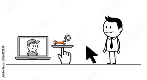 Stick figure man clicks on wrench and gear icon on a digital tablet representing it support or technical assistance