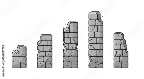 Ancient stone wall segments of varying heights and deterioration levels symbolizing progress decay and historical