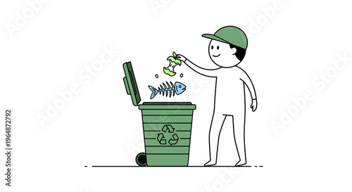 Whimsical cartoon character in a green cap and shirt happily disposing of fish bones and apple cores into a recycling