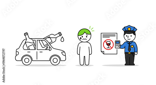 Drunk driver caught by police officer holding breathalyzer and warning sign with prohibition symbol