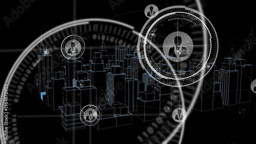 Pulsing HUD over city model starting rings connecting avatar nodes mapping business network