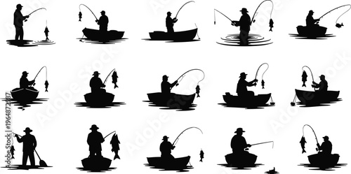 WebCollection of fishing silhouette illustrations featuring anglers casting lines, catching fish, and boating, showcasing recreational outdoor activity, water sport artwork, and hobby design concepts