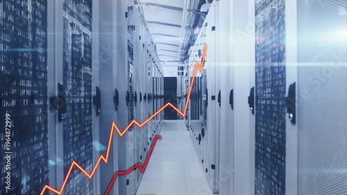 Server racks lining aisle showing animated graphs entering lower-left and tracing performance data