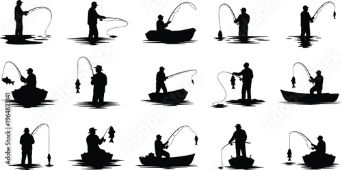 WebCollection of fishing silhouette illustrations featuring people casting lines, reeling fish, and sitting in boats, showcasing recreational angling, outdoor activity, and water sport artwork