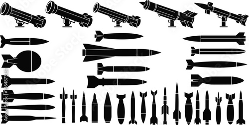 WebCollection of missile, rocket, and bomb silhouette illustrations featuring military ordnance designs, launch systems, and weapon shapes for defense, warfare, and strategic technology concepts