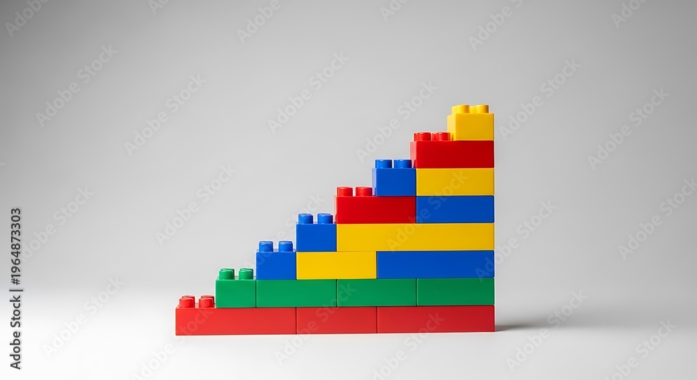 Fototapeta premium Colorful plastic building blocks arranged in a staircase shape on a grey background representing business growth and corporate success today