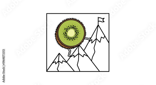 Kiwi Fruit Climbs Mountain Peak with Flag, Symbolizing Success and Achievement