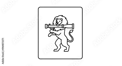 Lion Holding Rocket Launcher, Symbol of Power and Aggression, Line Art Icon