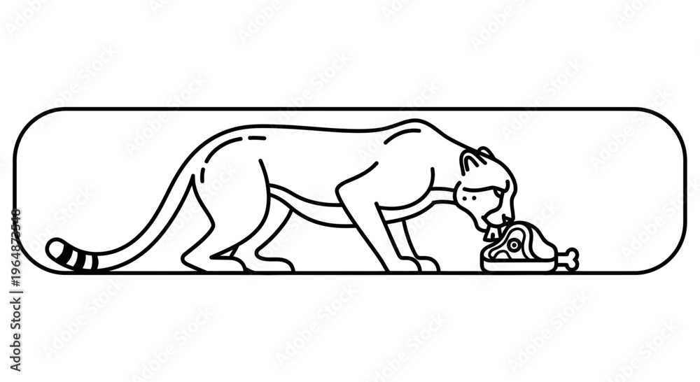 Fototapeta premium Minimalist line art illustration of a powerful wild feline predator enjoying a meal