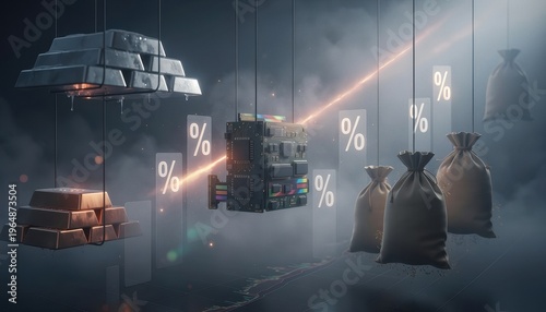 Digital assets, gold bars, money bags, circuit board, percentage signs, glowing light, financial growth, technology, investment, wealth.