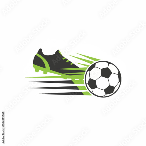 A minimalist close-up of a modern soccer boot making contact with a ball with stylized speed lines. Clean lines, block colors of charcoal black and lime green. Massive negative white space for