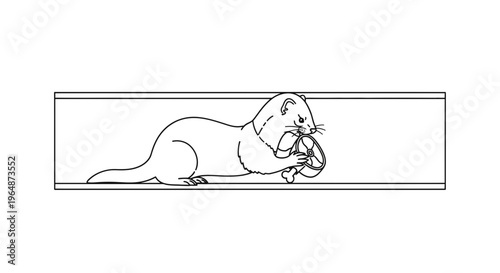 Whimsical line art illustration of a small carnivore with automotive control and treat