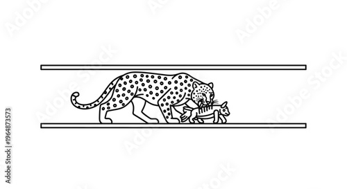 Stylized black and white line art depicting a mother leopard gently carrying her cub within clean