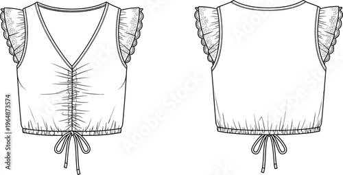WebTechnical fashion illustration of cropped top with scalloped flutter sleeves, V-neckline, ruched front seam, and drawstring hem for apparel design and garment construction reference