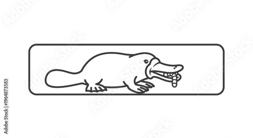 Playful black outline illustration of a platypus mascot with a worm in its distinctive bill