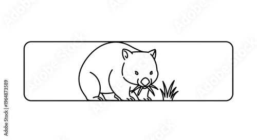 Charming line art illustration of an Australian wombat character happily eating fresh grass outdoors