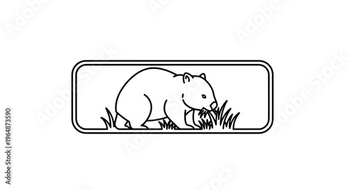 Minimalist outline depiction of a stout wombat diligently foraging for fresh grass within a simple