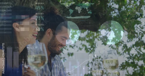 Guests holding wine while server approaching taking order from menus, HUD over restaurant table
